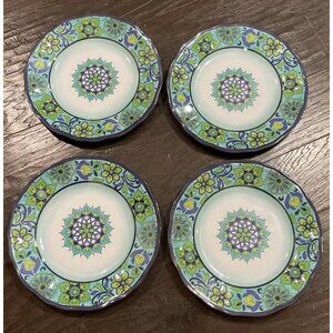 Melamine Dinner Plates Blue‎ Colorful Floral Flowers Set Of 4 Boho Cottage Beach